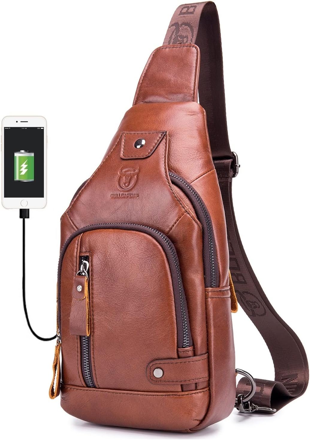 Leather Men Sling Bags Travel Crossbody Chest Bag Hiking Daypack with USB Charging Port Multi-Pocket