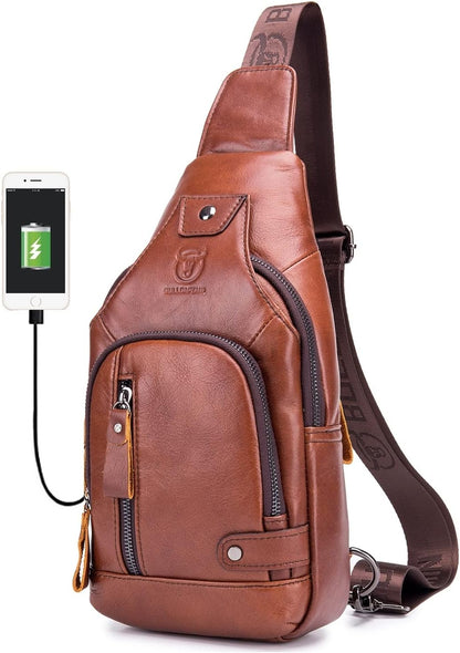 Leather Men Sling Bags Travel Crossbody Chest Bag Hiking Daypack with USB Charging Port Multi-Pocket