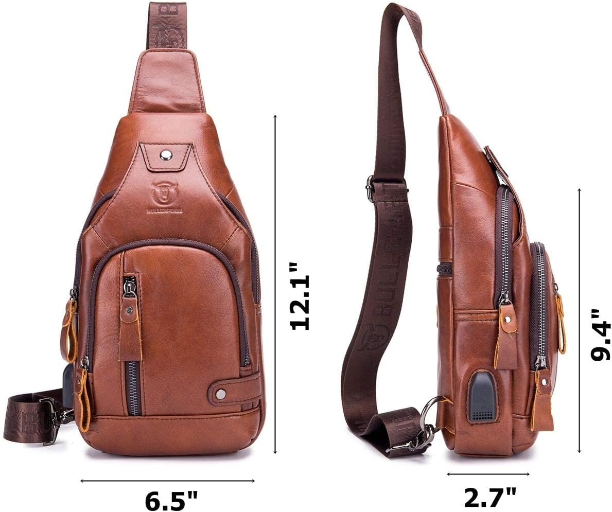 Leather Men Sling Bags Travel Crossbody Chest Bag Hiking Daypack with USB Charging Port Multi-Pocket