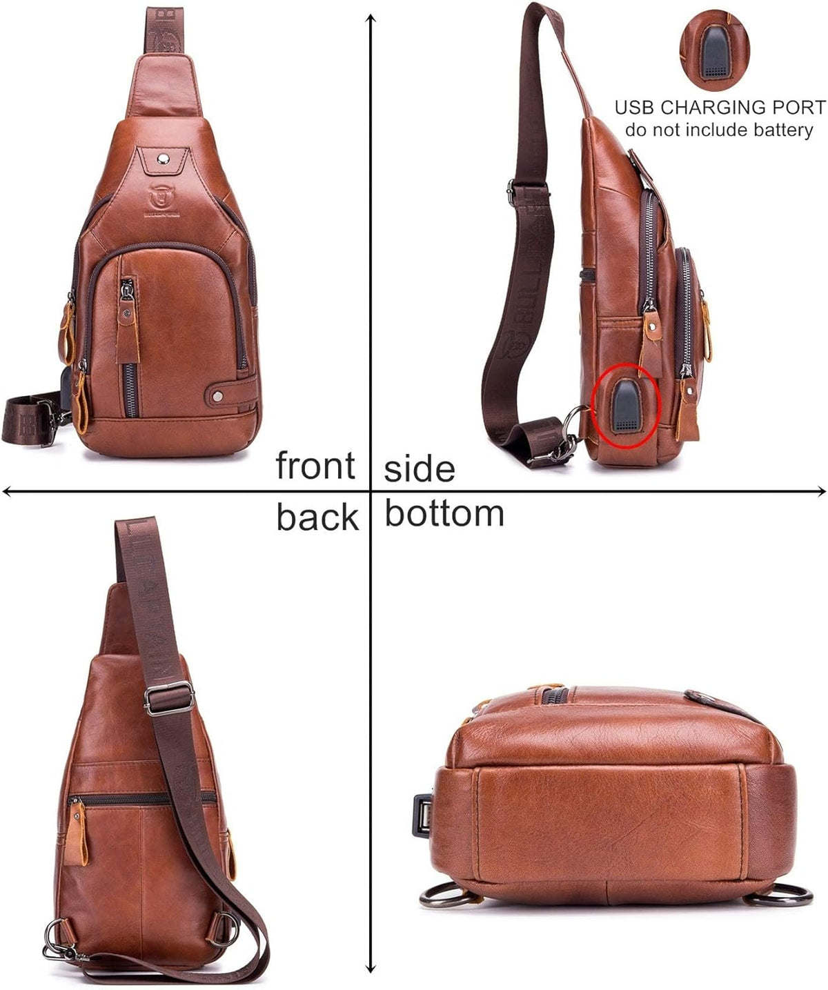 Leather Men Sling Bags Travel Crossbody Chest Bag Hiking Daypack with USB Charging Port Multi-Pocket