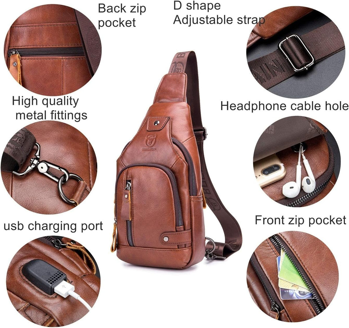 Leather Men Sling Bags Travel Crossbody Chest Bag Hiking Daypack with USB Charging Port Multi-Pocket