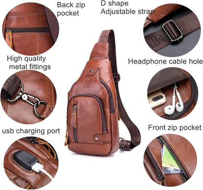Leather Men Sling Bags Travel Crossbody Chest Bag Hiking Daypack with USB Charging Port Multi-Pocket