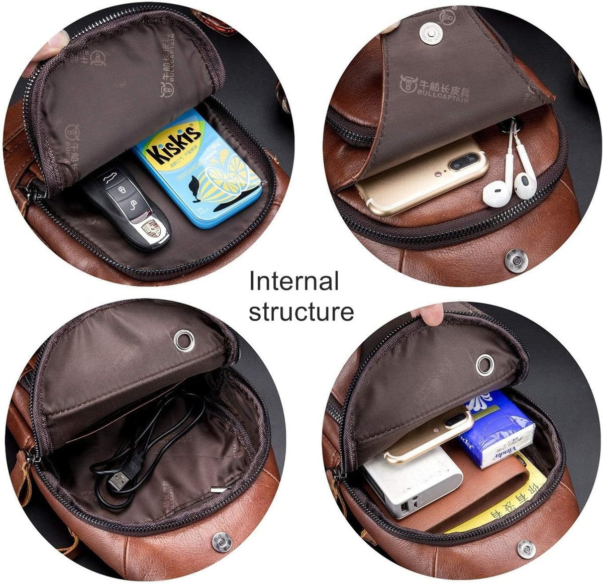 Leather Men Sling Bags Travel Crossbody Chest Bag Hiking Daypack with USB Charging Port Multi-Pocket