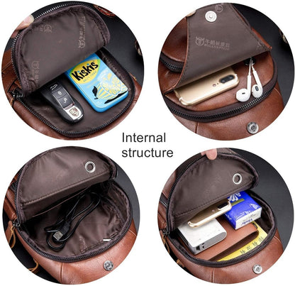 Leather Men Sling Bags Travel Crossbody Chest Bag Hiking Daypack with USB Charging Port Multi-Pocket