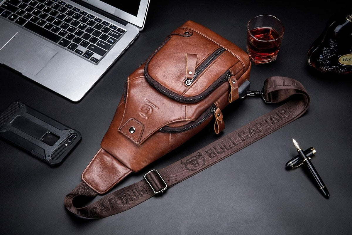 Leather Men Sling Bags Travel Crossbody Chest Bag Hiking Daypack with USB Charging Port Multi-Pocket