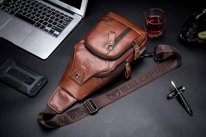 Leather Men Sling Bags Travel Crossbody Chest Bag Hiking Daypack with USB Charging Port Multi-Pocket