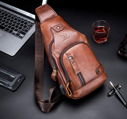 Leather Men Sling Bags Travel Crossbody Chest Bag Hiking Daypack with USB Charging Port Multi-Pocket
