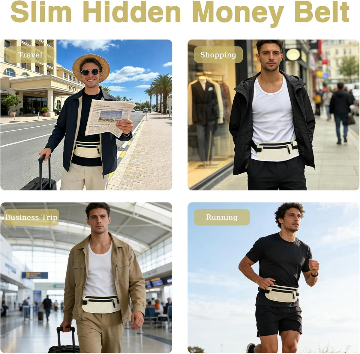 Waterproof Hidden Money Belt for Travel, Anti-Theft Belt Bag with RFID Blocking Function Adjustable Slim Waist Bag with 2 Zipper Pockets and 1 Back Pocket for Travel Running (Style 2, Black)