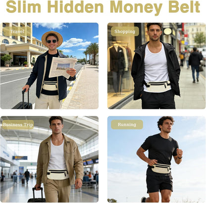 Waterproof Hidden Money Belt for Travel, Anti-Theft Belt Bag with RFID Blocking Function Adjustable Slim Waist Bag with 2 Zipper Pockets and 1 Back Pocket for Travel Running (Style 2, Black)