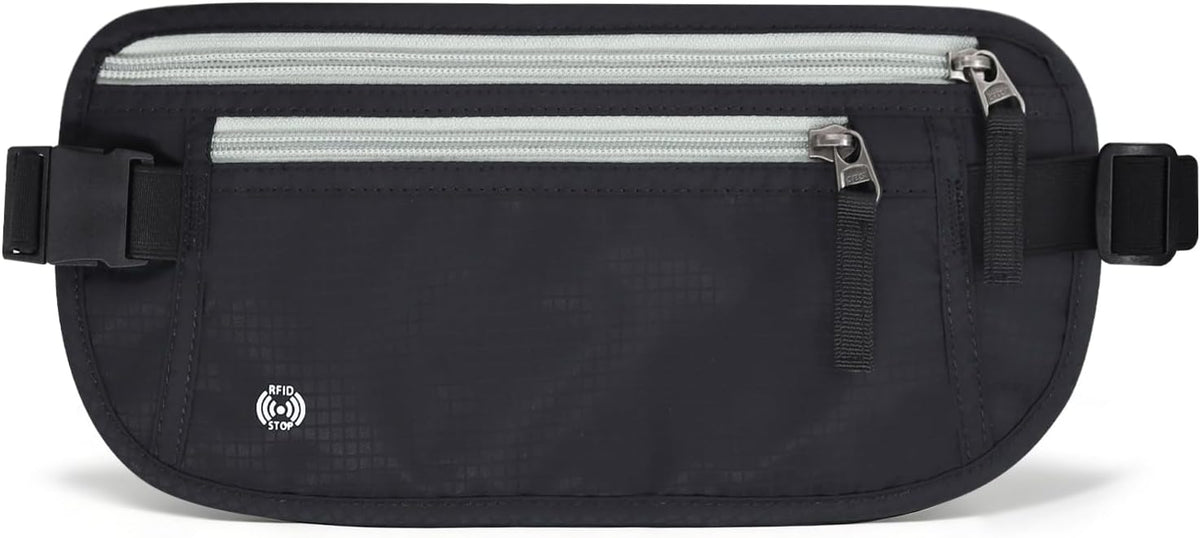 Waterproof Hidden Money Belt for Travel, Anti-Theft Belt Bag with RFID Blocking Function Adjustable Slim Waist Bag with 2 Zipper Pockets and 1 Back Pocket for Travel Running (Style 2, Black)
