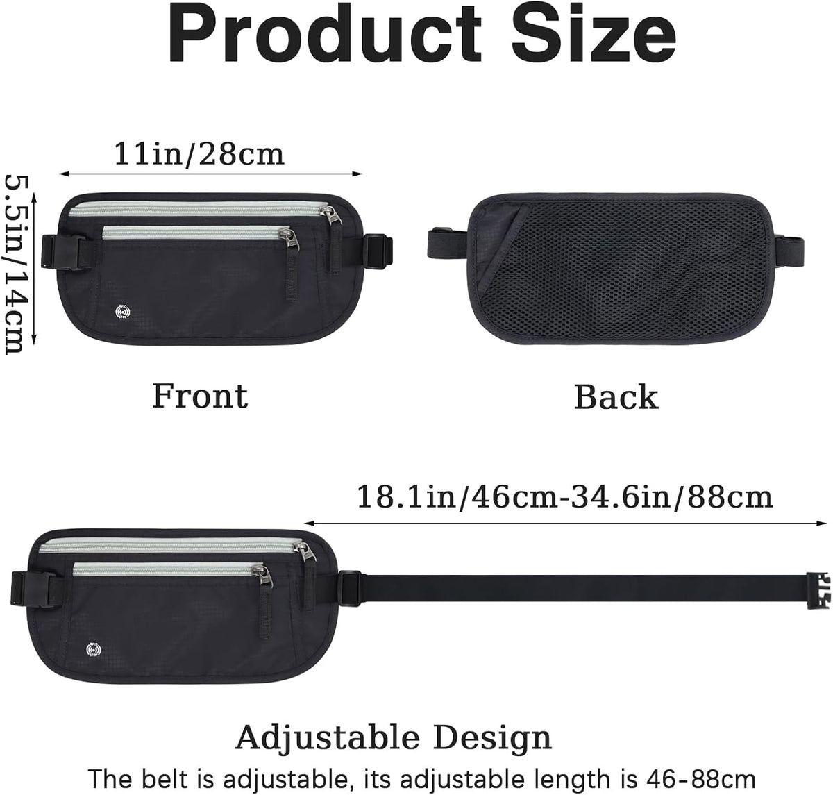 Waterproof Hidden Money Belt for Travel, Anti-Theft Belt Bag with RFID Blocking Function Adjustable Slim Waist Bag with 2 Zipper Pockets and 1 Back Pocket for Travel Running (Style 2, Black)