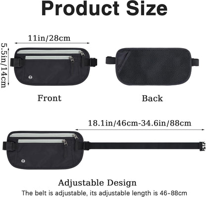 Waterproof Hidden Money Belt for Travel, Anti-Theft Belt Bag with RFID Blocking Function Adjustable Slim Waist Bag with 2 Zipper Pockets and 1 Back Pocket for Travel Running (Style 2, Black)