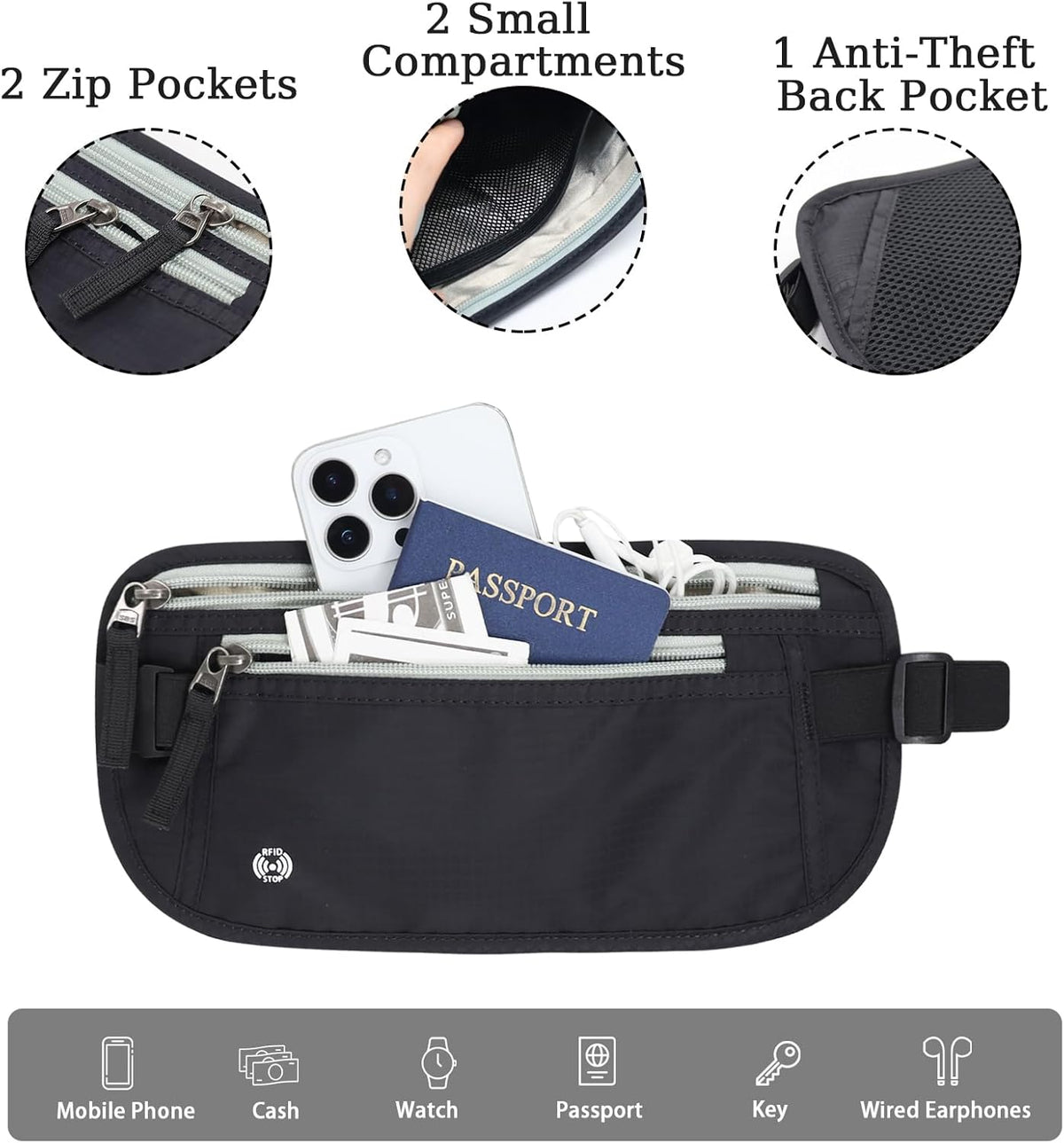 Waterproof Hidden Money Belt for Travel, Anti-Theft Belt Bag with RFID Blocking Function Adjustable Slim Waist Bag with 2 Zipper Pockets and 1 Back Pocket for Travel Running (Style 2, Black)