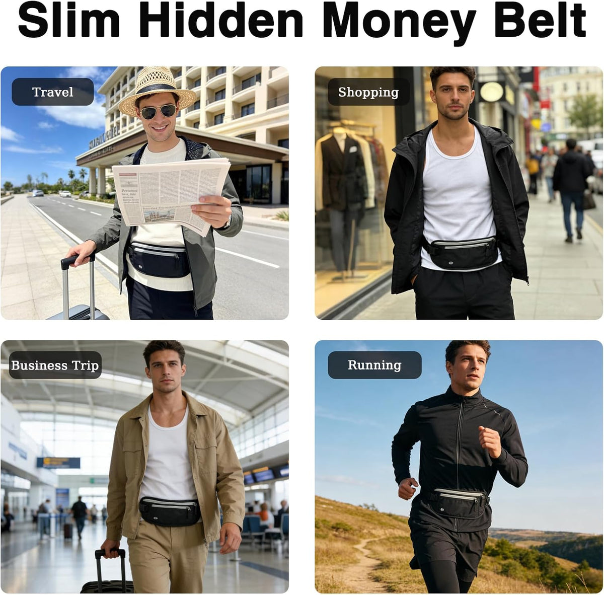 Waterproof Hidden Money Belt for Travel, Anti-Theft Belt Bag with RFID Blocking Function Adjustable Slim Waist Bag with 2 Zipper Pockets and 1 Back Pocket for Travel Running (Style 2, Black)