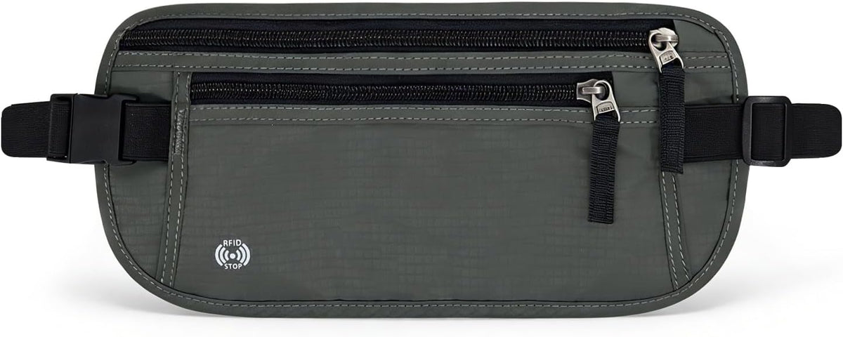 Waterproof Hidden Money Belt for Travel, Anti-Theft Belt Bag with RFID Blocking Function Adjustable Slim Waist Bag with 2 Zipper Pockets and 1 Back Pocket for Travel Running (Style 2, Black)