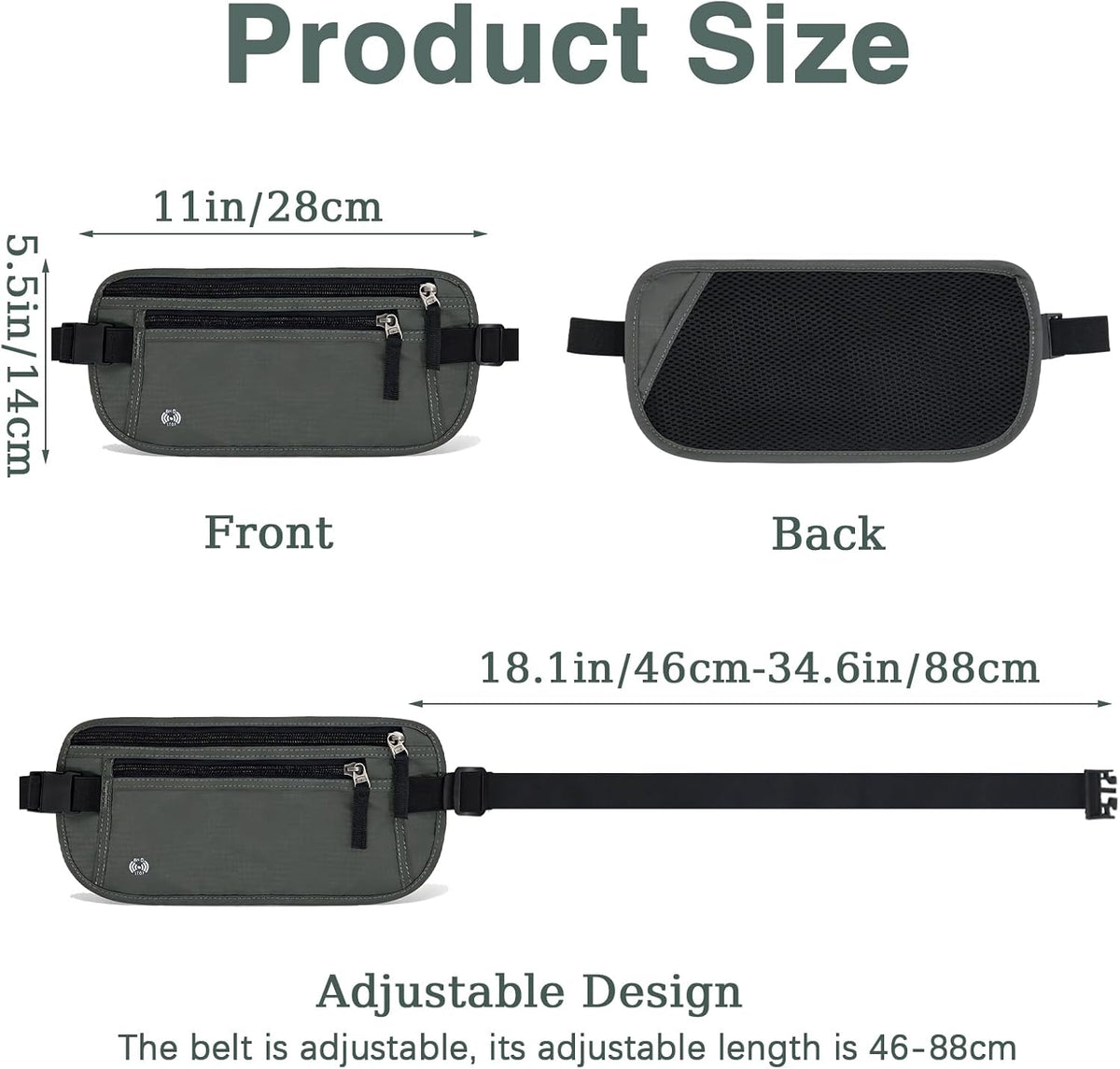 Waterproof Hidden Money Belt for Travel, Anti-Theft Belt Bag with RFID Blocking Function Adjustable Slim Waist Bag with 2 Zipper Pockets and 1 Back Pocket for Travel Running (Style 2, Black)