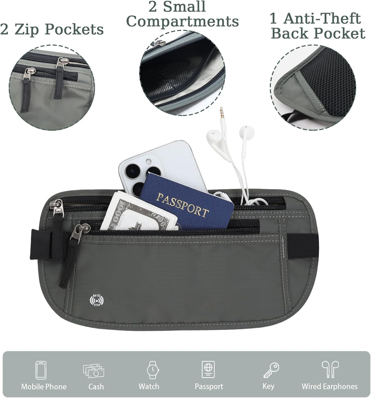 Waterproof Hidden Money Belt for Travel, Anti-Theft Belt Bag with RFID Blocking Function Adjustable Slim Waist Bag with 2 Zipper Pockets and 1 Back Pocket for Travel Running (Style 2, Black)