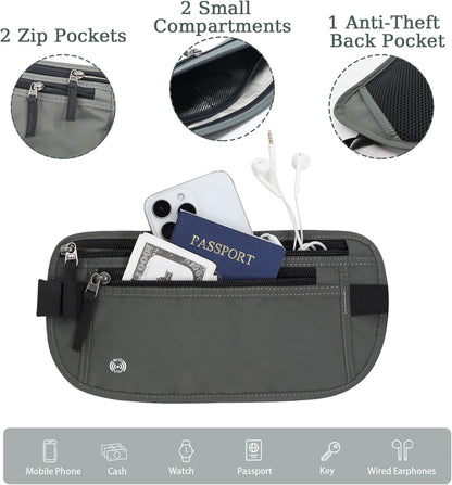 Waterproof Hidden Money Belt for Travel, Anti-Theft Belt Bag with RFID Blocking Function Adjustable Slim Waist Bag with 2 Zipper Pockets and 1 Back Pocket for Travel Running (Style 2, Black)