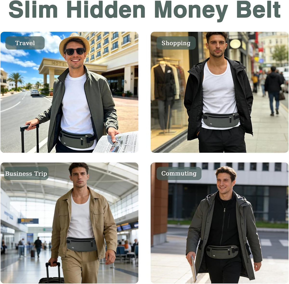 Waterproof Hidden Money Belt for Travel, Anti-Theft Belt Bag with RFID Blocking Function Adjustable Slim Waist Bag with 2 Zipper Pockets and 1 Back Pocket for Travel Running (Style 2, Black)
