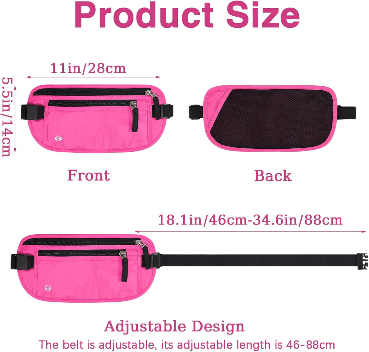 Waterproof Hidden Money Belt for Travel, Anti-Theft Belt Bag with RFID Blocking Function Adjustable Slim Waist Bag with 2 Zipper Pockets and 1 Back Pocket for Travel Running (Style 2, Black)