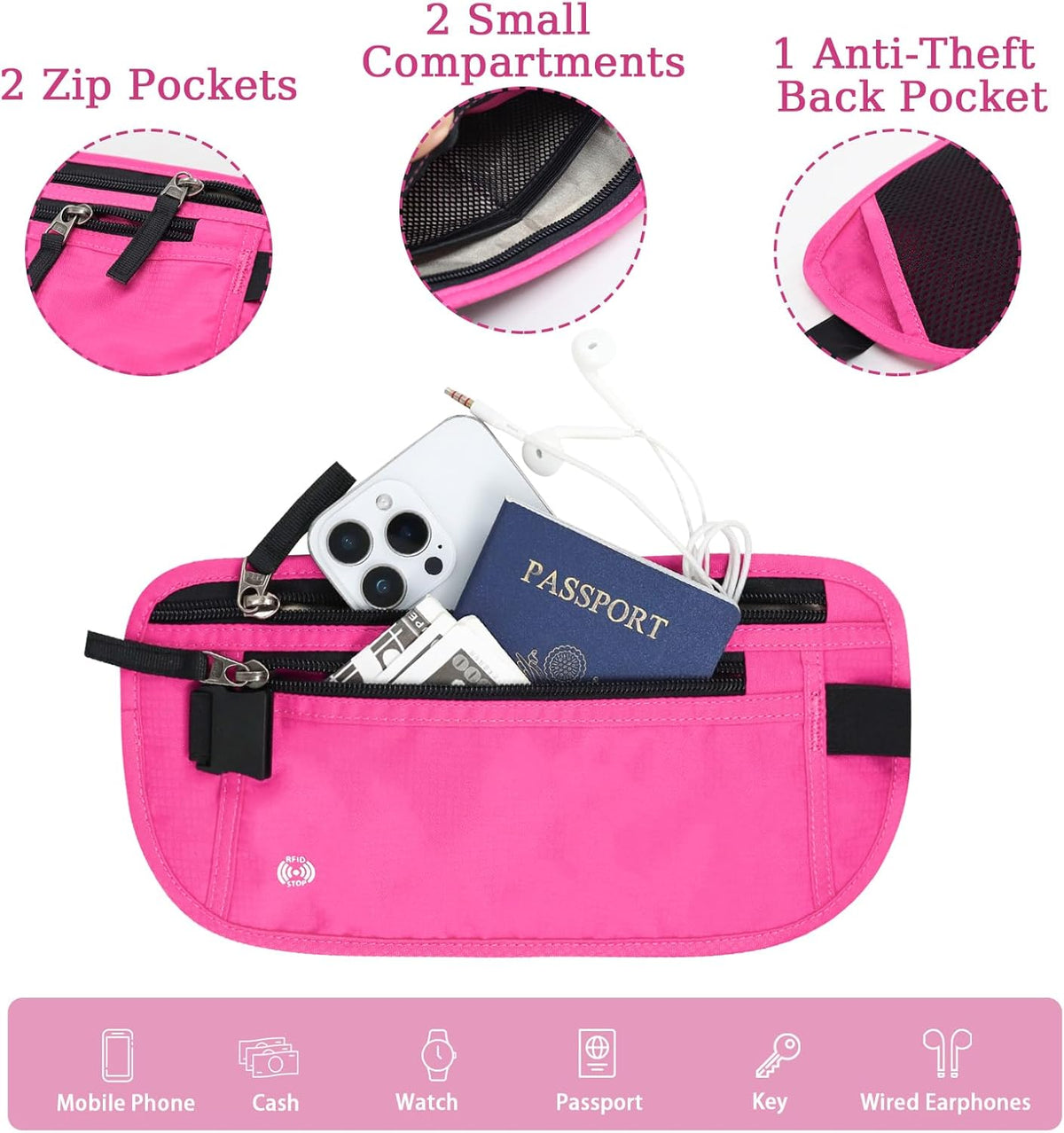 Waterproof Hidden Money Belt for Travel, Anti-Theft Belt Bag with RFID Blocking Function Adjustable Slim Waist Bag with 2 Zipper Pockets and 1 Back Pocket for Travel Running (Style 2, Black)
