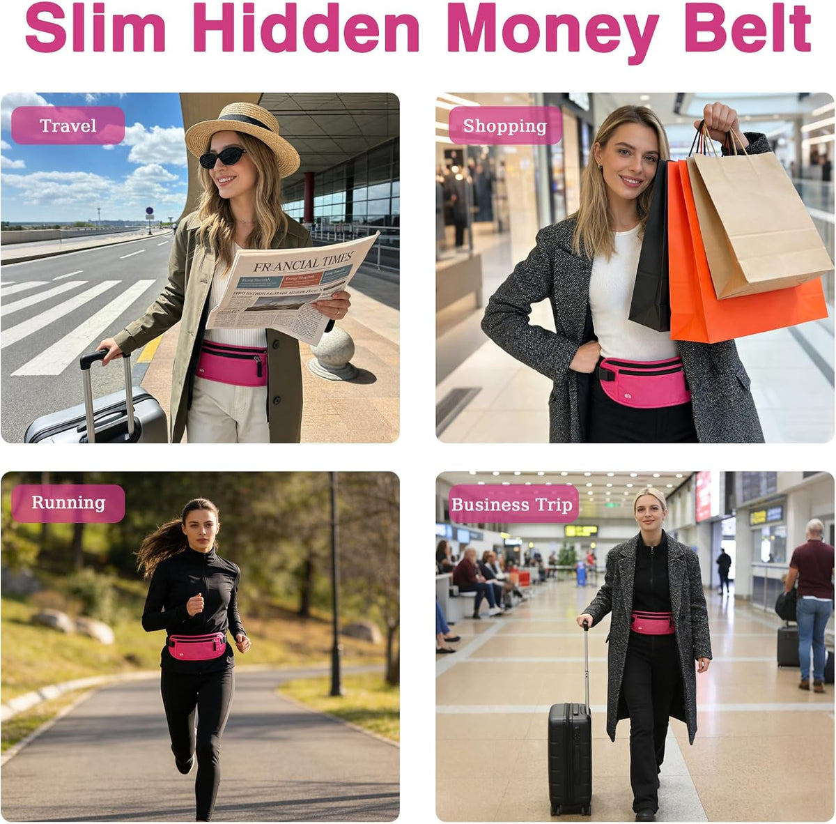 Waterproof Hidden Money Belt for Travel, Anti-Theft Belt Bag with RFID Blocking Function Adjustable Slim Waist Bag with 2 Zipper Pockets and 1 Back Pocket for Travel Running (Style 2, Black)