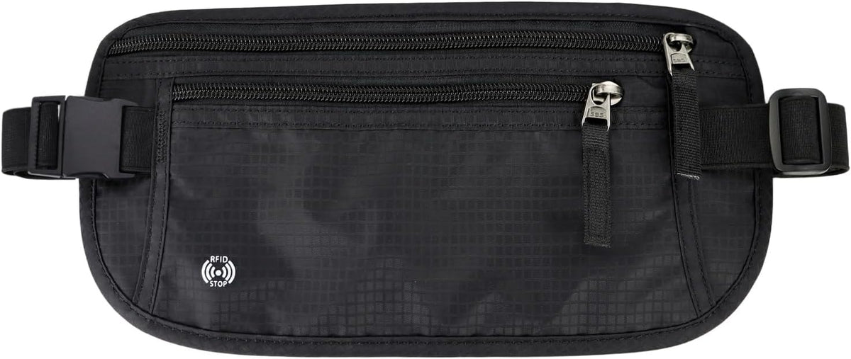 Waterproof Hidden Money Belt for Travel, Anti-Theft Belt Bag with RFID Blocking Function Adjustable Slim Waist Bag with 2 Zipper Pockets and 1 Back Pocket for Travel Running (Style 2, Black)