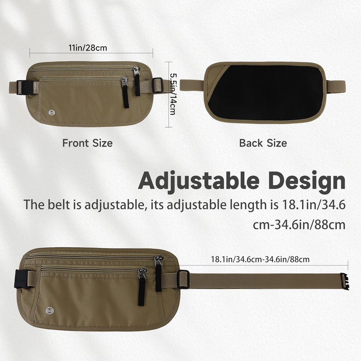 Waterproof Hidden Money Belt for Travel, Anti-Theft Belt Bag with RFID Blocking Function Adjustable Slim Waist Bag with 2 Zipper Pockets and 1 Back Pocket for Travel Running (Style 2, Black)
