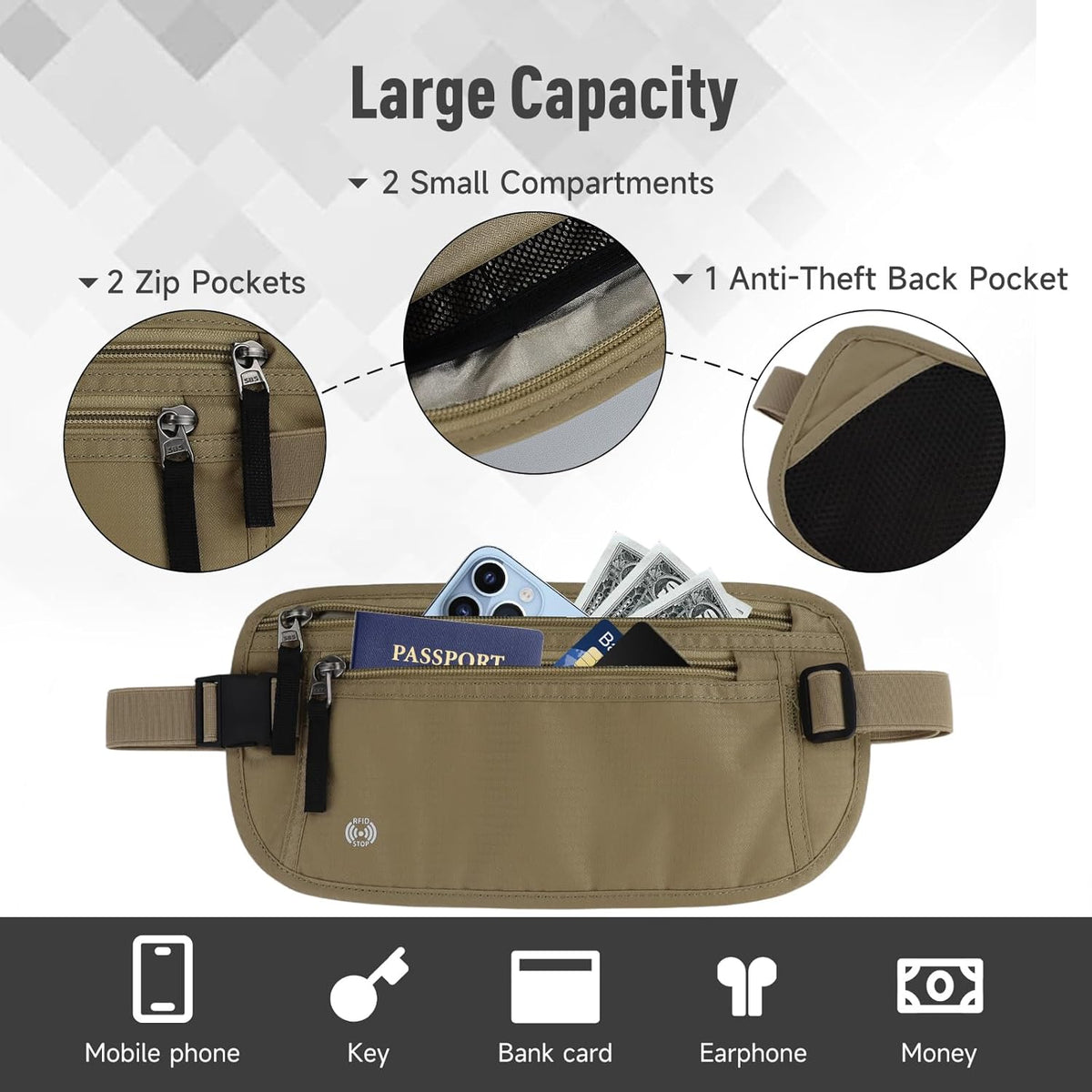 Waterproof Hidden Money Belt for Travel, Anti-Theft Belt Bag with RFID Blocking Function Adjustable Slim Waist Bag with 2 Zipper Pockets and 1 Back Pocket for Travel Running (Style 2, Black)