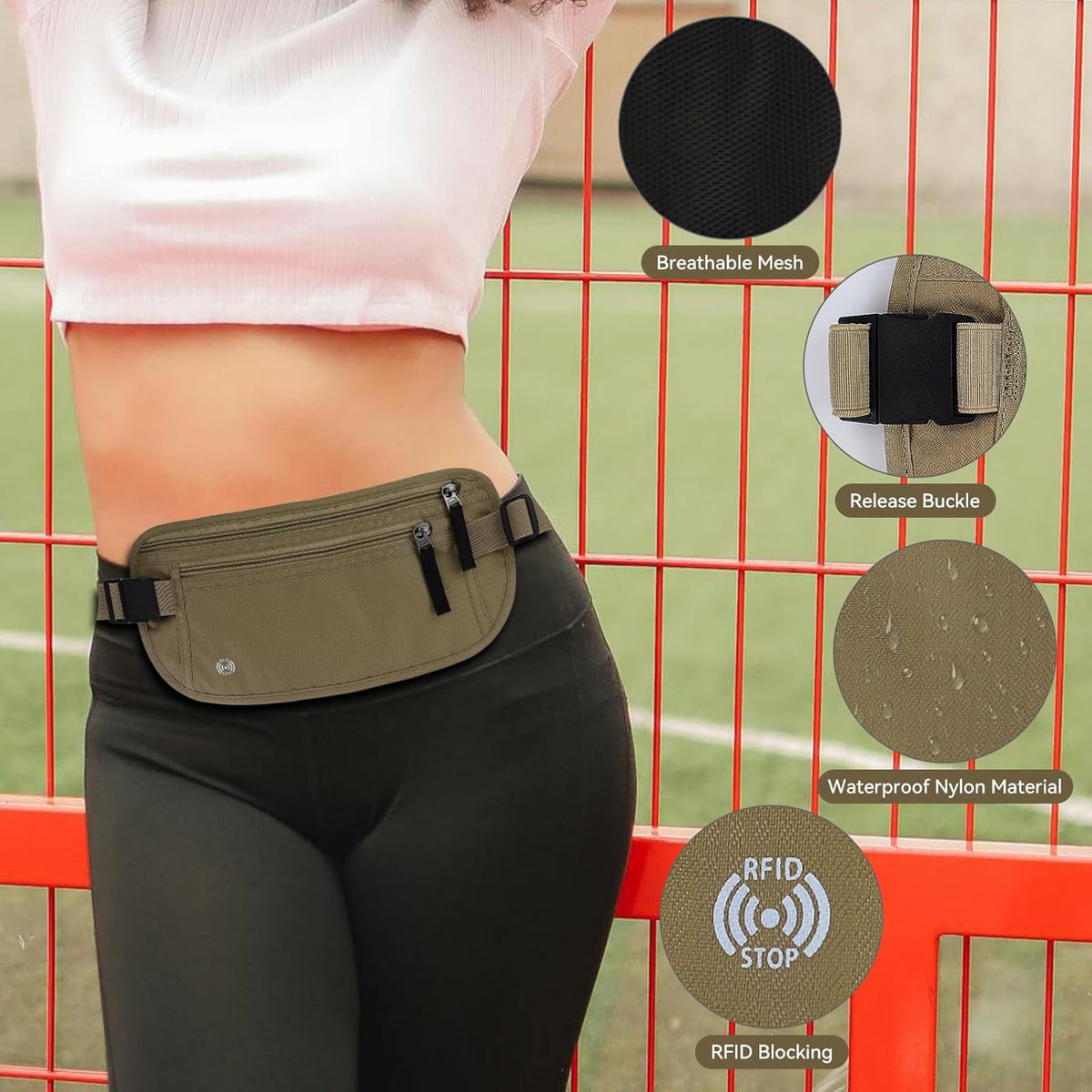 Waterproof Hidden Money Belt for Travel, Anti-Theft Belt Bag with RFID Blocking Function Adjustable Slim Waist Bag with 2 Zipper Pockets and 1 Back Pocket for Travel Running (Style 2, Black)