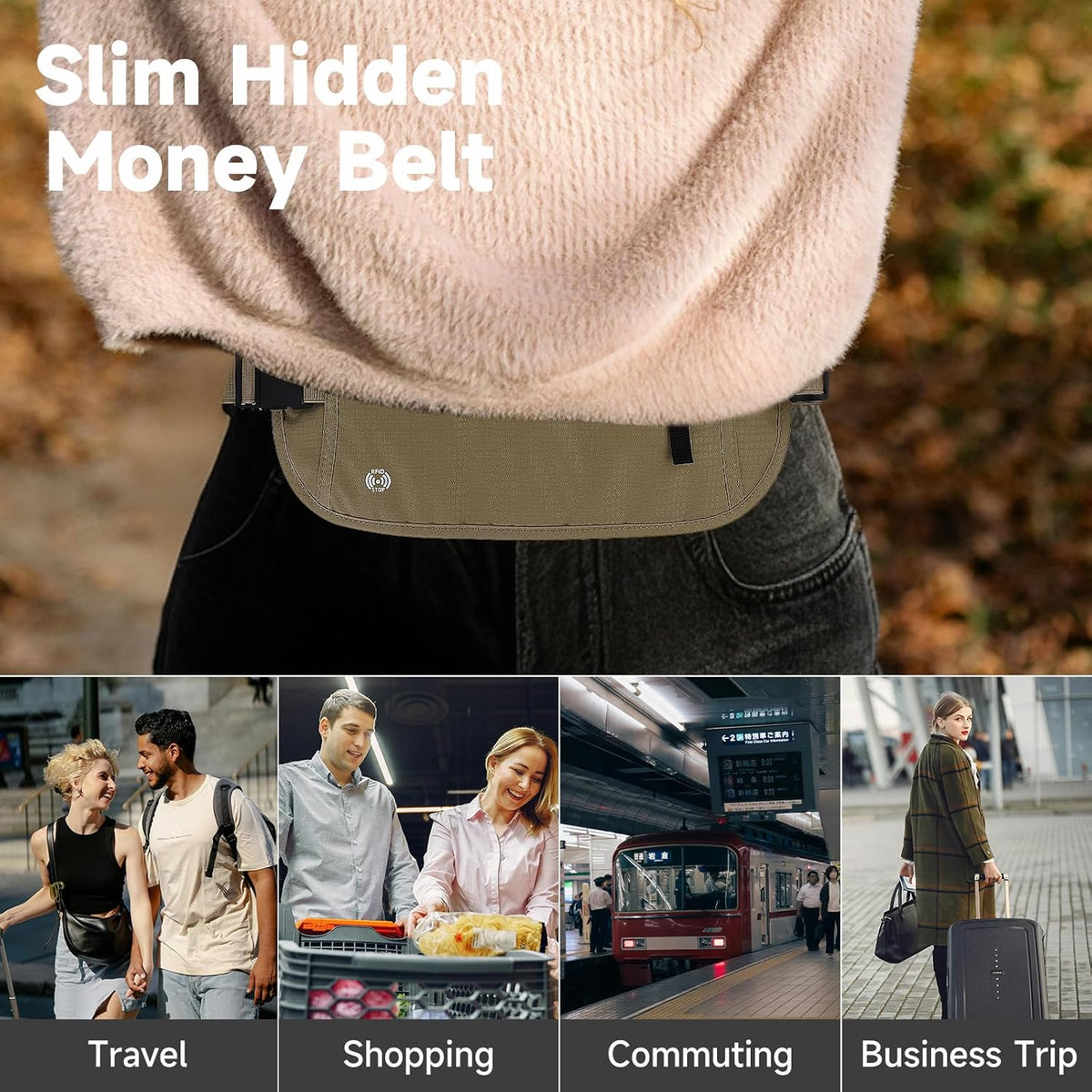 Waterproof Hidden Money Belt for Travel, Anti-Theft Belt Bag with RFID Blocking Function Adjustable Slim Waist Bag with 2 Zipper Pockets and 1 Back Pocket for Travel Running (Style 2, Black)