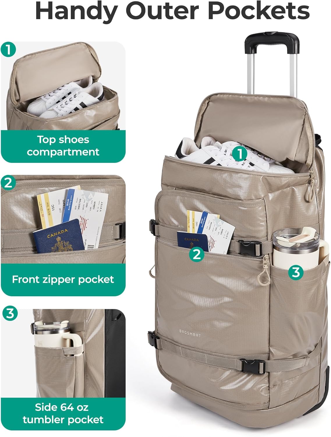 Rolling Duffle Bag with Wheels, Travel Duffel Luggage Bag for Women, Water Repellent Heavy Duty for Travel Camp, Grey, Medium, 48L