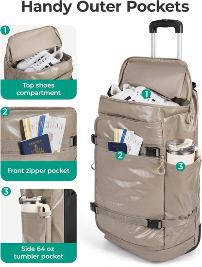 Rolling Duffle Bag with Wheels, Travel Duffel Luggage Bag for Women, Water Repellent Heavy Duty for Travel Camp, Grey, Medium, 48L