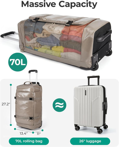Rolling Duffle Bag with Wheels, Travel Duffel Luggage Bag for Women, Water Repellent Heavy Duty for Travel Camp, Grey, Medium, 48L