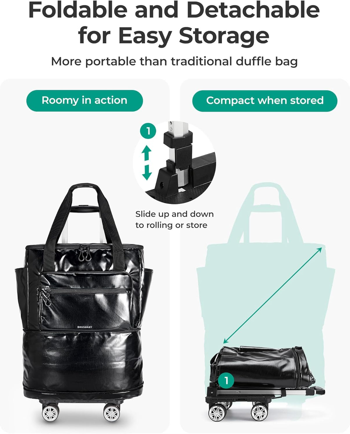 Rolling Duffle Bag with Wheels, Travel Duffel Luggage Bag for Women, Water Repellent Heavy Duty for Travel Camp, Grey, Medium, 48L
