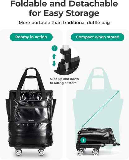 Rolling Duffle Bag with Wheels, Travel Duffel Luggage Bag for Women, Water Repellent Heavy Duty for Travel Camp, Grey, Medium, 48L