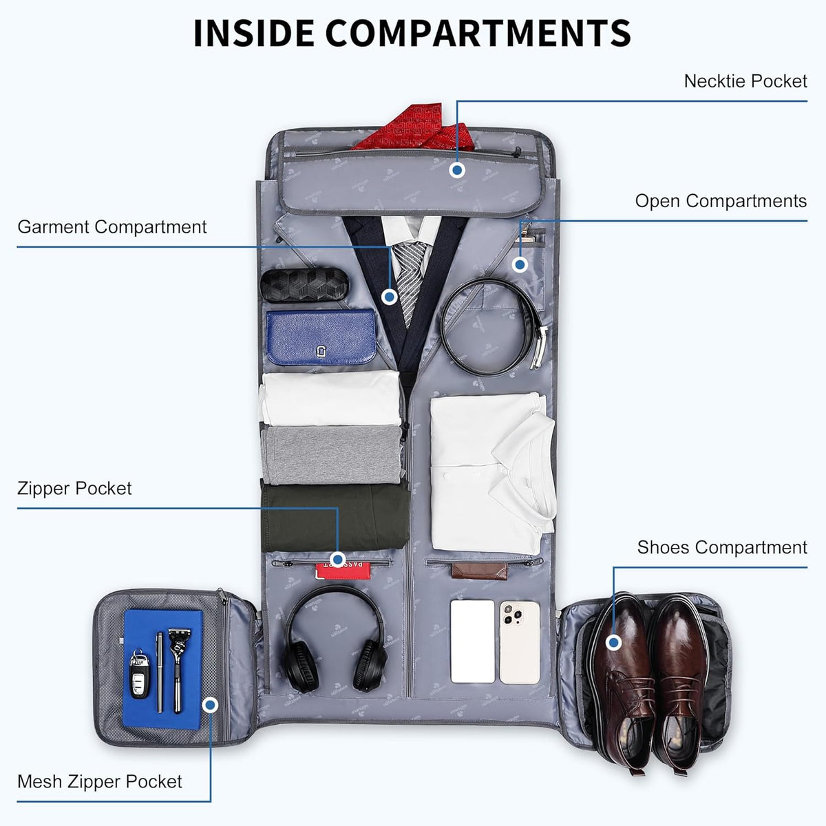 Garment Duffle Bags for Travel Men Suits 51L with Shoe Compartment | Convertible Duffel to Hanging Clothes Bag, Nylon, Large Capacity, For Business, Formal Events, Weddings, B725 Silvery Grey