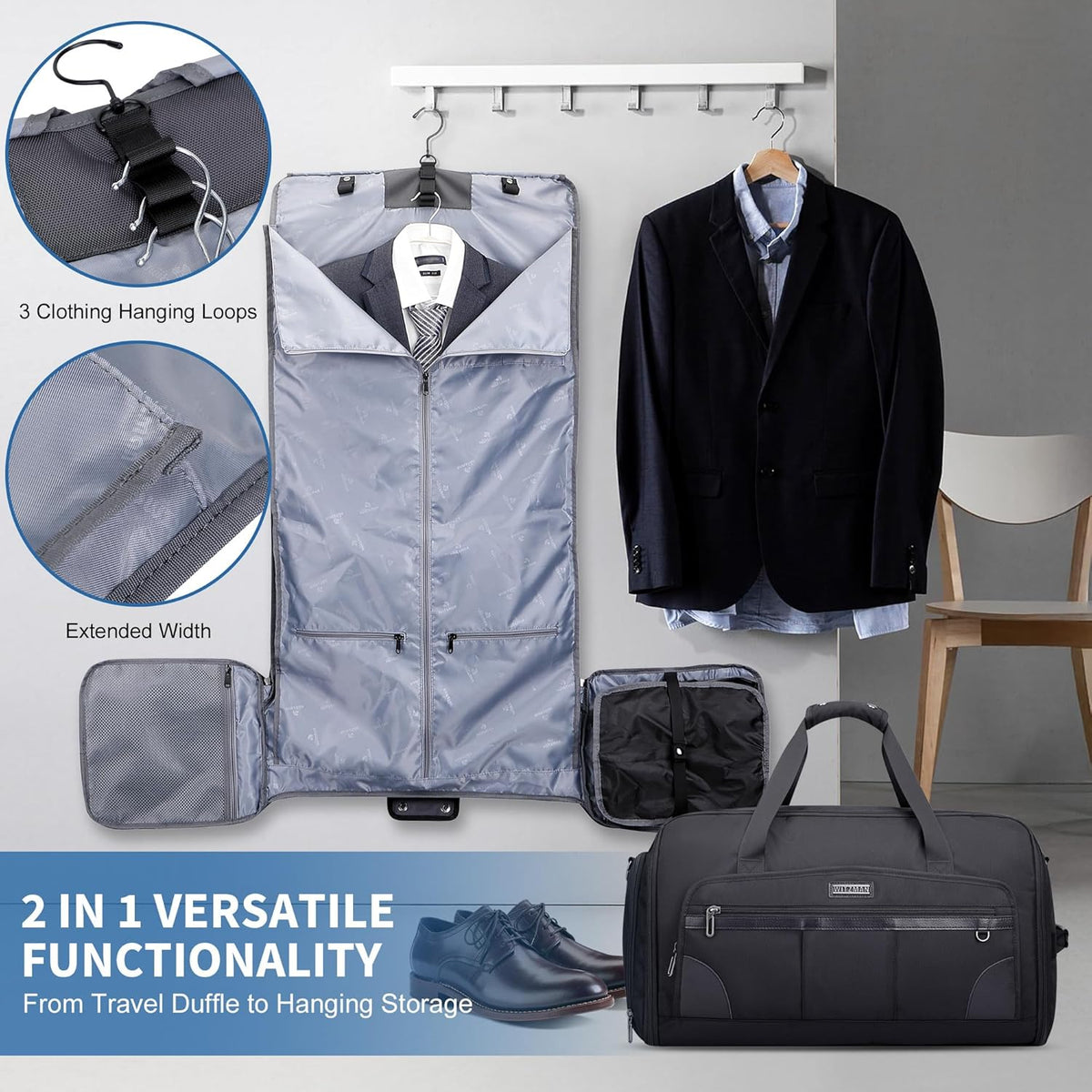 Garment Duffle Bags for Travel Men Suits 51L with Shoe Compartment | Convertible Duffel to Hanging Clothes Bag, Nylon, Large Capacity, For Business, Formal Events, Weddings, B725 Silvery Grey