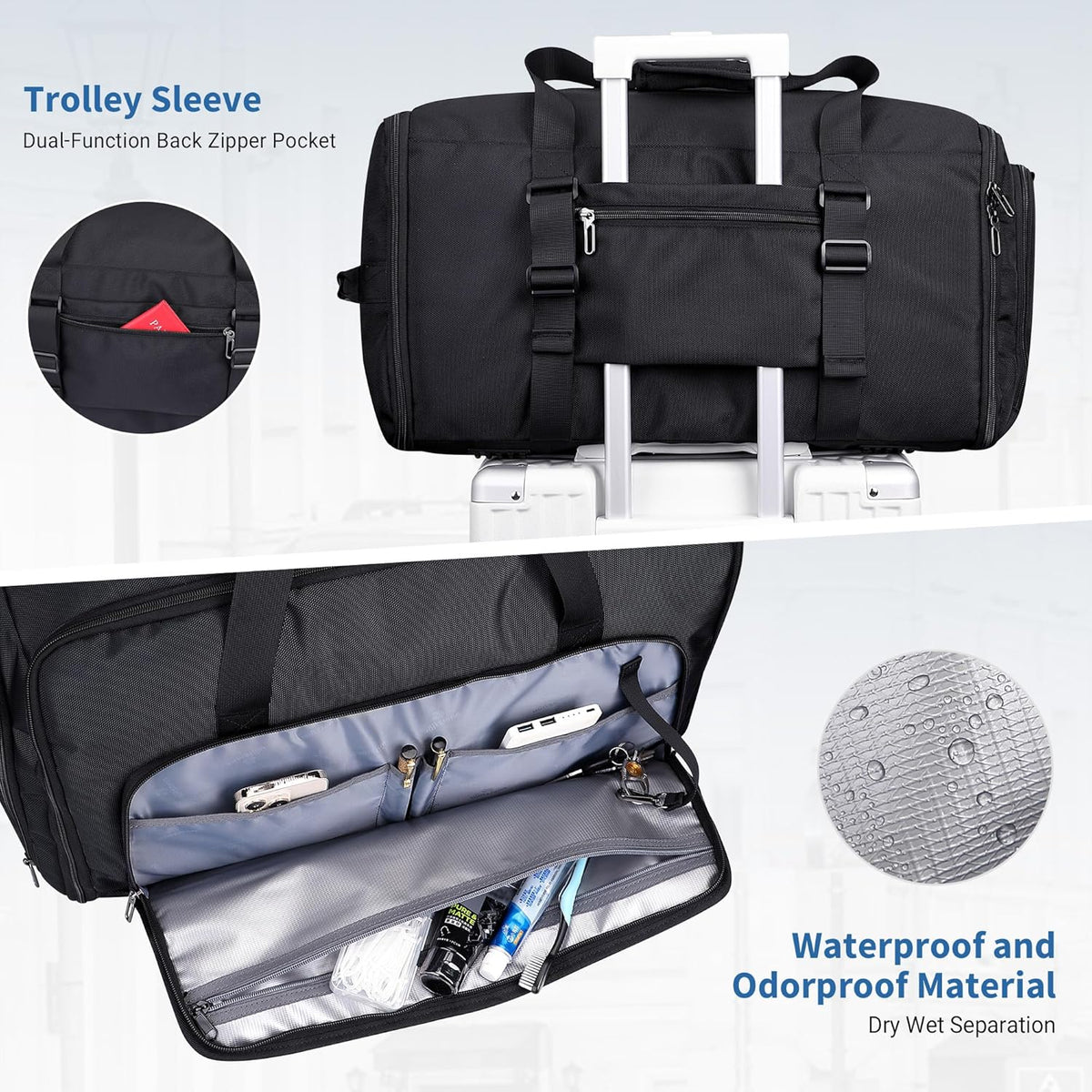 Garment Duffle Bags for Travel Men Suits 51L with Shoe Compartment | Convertible Duffel to Hanging Clothes Bag, Nylon, Large Capacity, For Business, Formal Events, Weddings, B725 Silvery Grey
