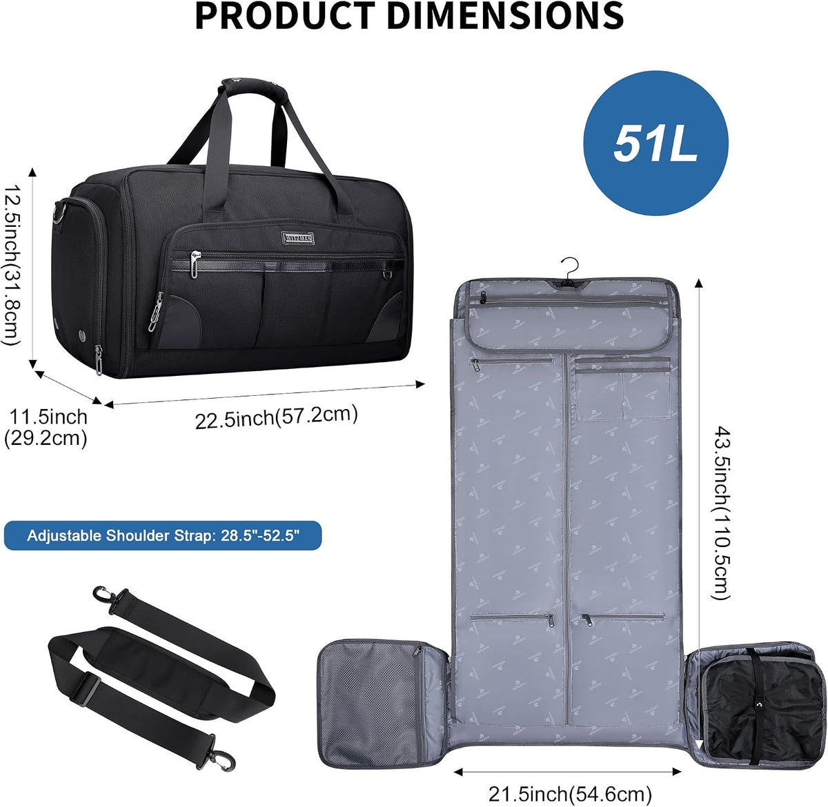 Garment Duffle Bags for Travel Men Suits 51L with Shoe Compartment | Convertible Duffel to Hanging Clothes Bag, Nylon, Large Capacity, For Business, Formal Events, Weddings, B725 Silvery Grey