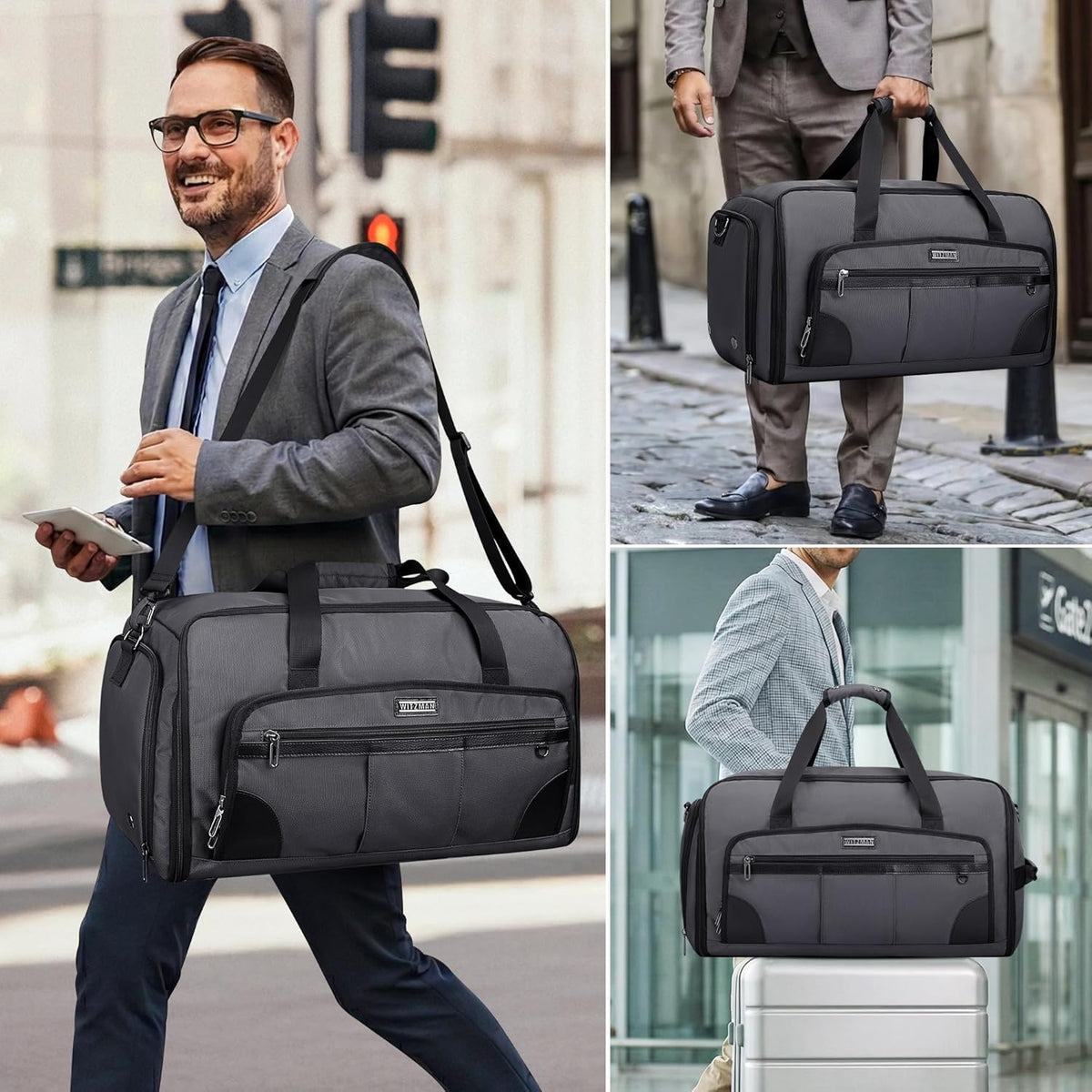 Garment Duffle Bags for Travel Men Suits 51L with Shoe Compartment | Convertible Duffel to Hanging Clothes Bag, Nylon, Large Capacity, For Business, Formal Events, Weddings, B725 Silvery Grey