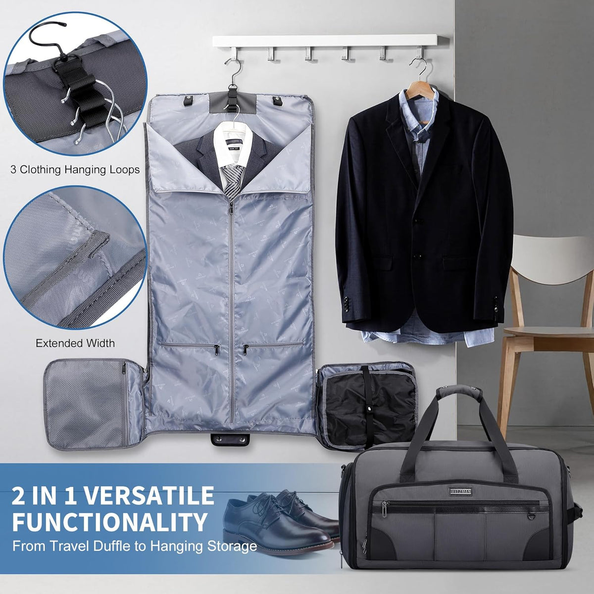 Garment Duffle Bags for Travel Men Suits 51L with Shoe Compartment | Convertible Duffel to Hanging Clothes Bag, Nylon, Large Capacity, For Business, Formal Events, Weddings, B725 Silvery Grey