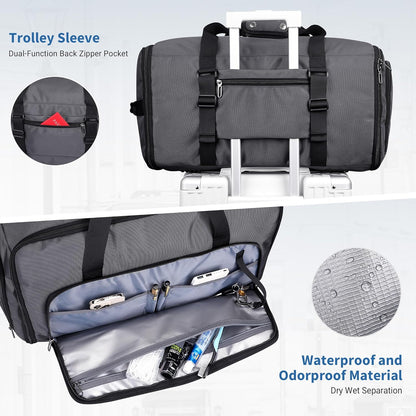 Garment Duffle Bags for Travel Men Suits 51L with Shoe Compartment | Convertible Duffel to Hanging Clothes Bag, Nylon, Large Capacity, For Business, Formal Events, Weddings, B725 Silvery Grey