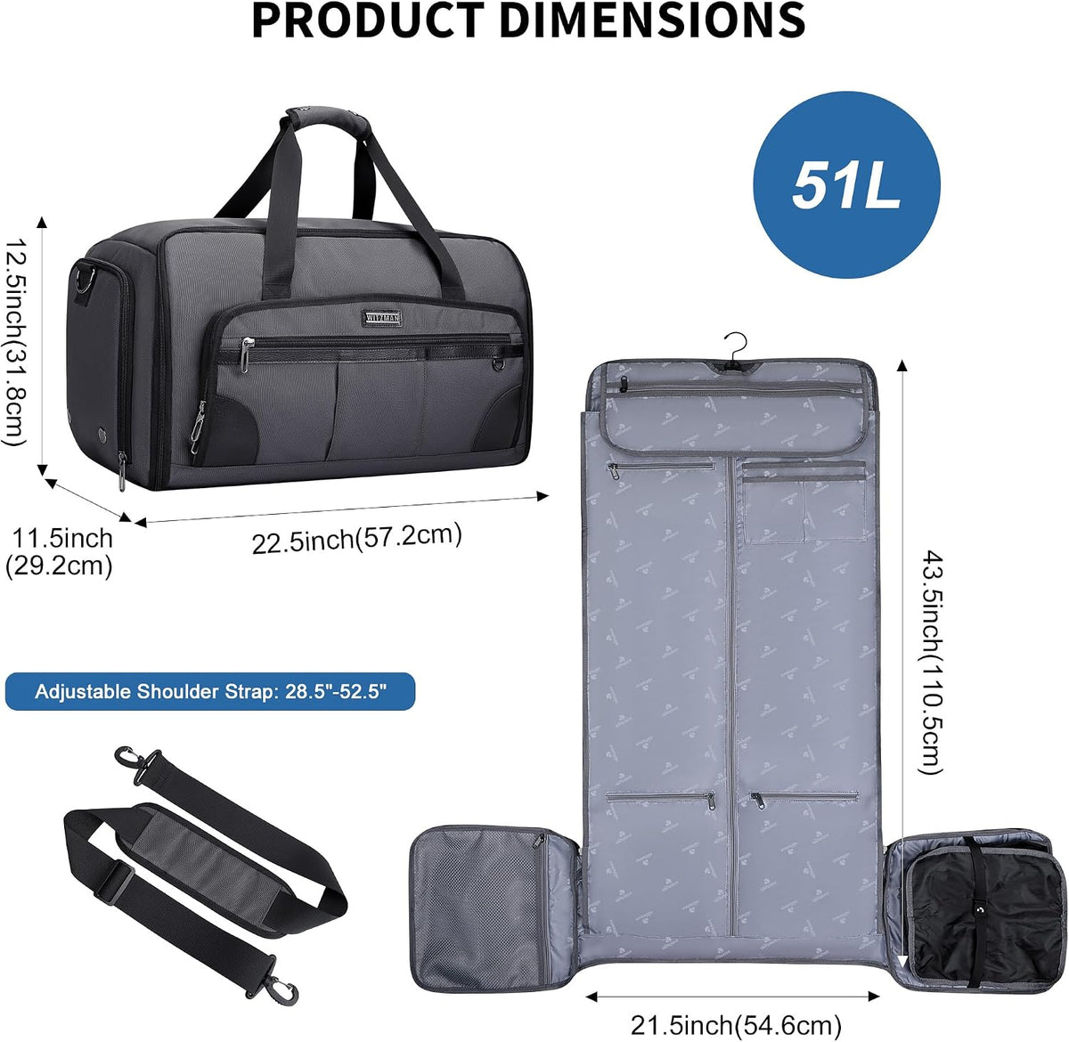 Garment Duffle Bags for Travel Men Suits 51L with Shoe Compartment | Convertible Duffel to Hanging Clothes Bag, Nylon, Large Capacity, For Business, Formal Events, Weddings, B725 Silvery Grey