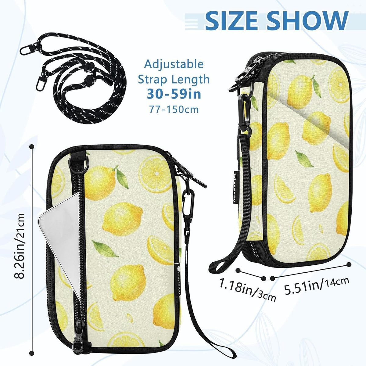 Travel Doc Organizer 21×14×3 CM | Scratch Resistant Polyester Full Print Multi-Way Carry for Adults Daily Use Lemon Circles