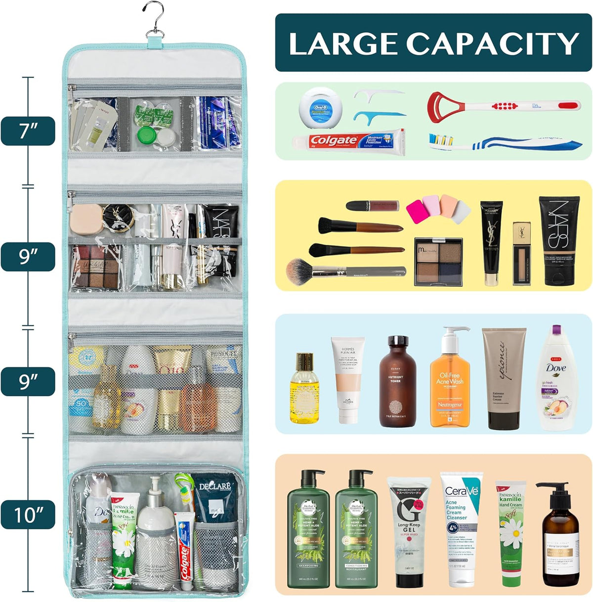 Travel Hanging Toiletry Bag for Women Men, Large Capacity Makeup Bag Kit, Waterproof Cosmetic Storage Organizer Case for Bathroom Shower
