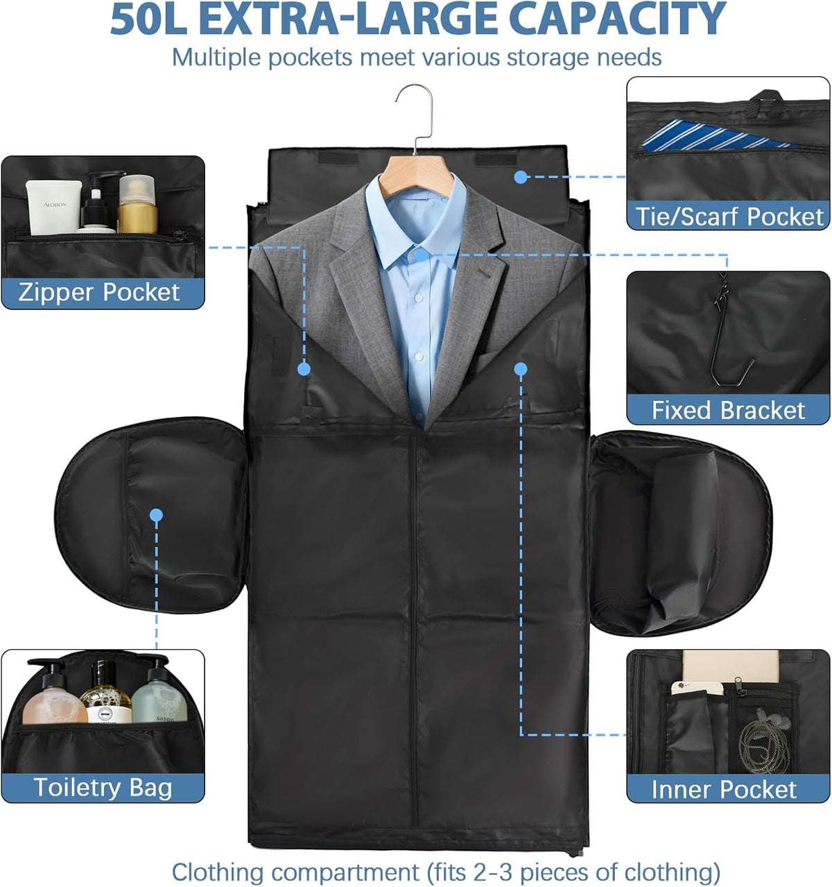Garment Bags for Travel,50L Carry on Convertible Garment Duffle bag with Shoulder Strap,3 in 1 Hanging Suit Travel Bag with Shoulder Strap