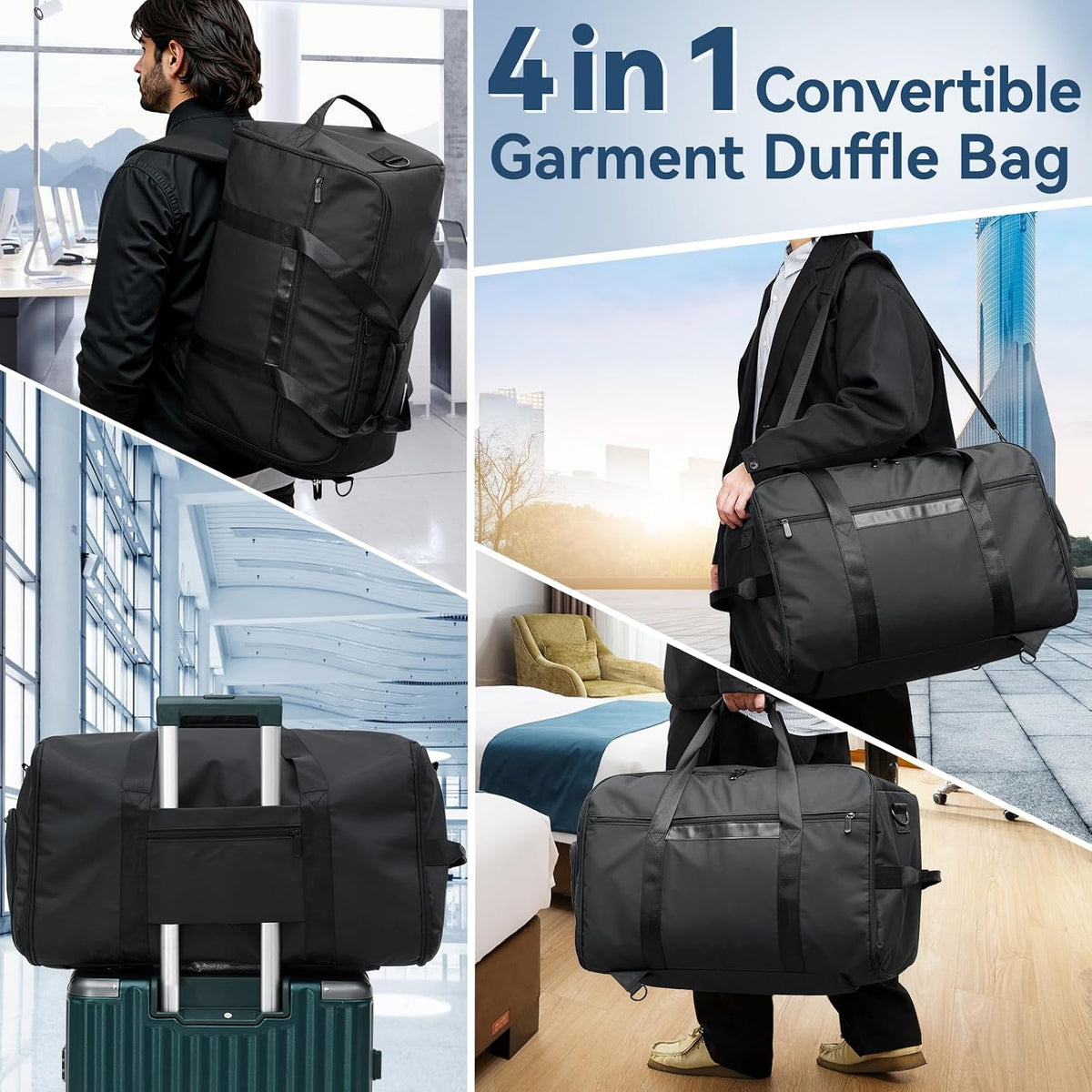 Garment Duffle Bags for Travel, 4 in 1 Convertible Garment Bags with Separated Suit Bag Shoe Compartment, Waterproof Carry On Luggage Bag Backpack for Short Trip, Weekender Bag for Men Women