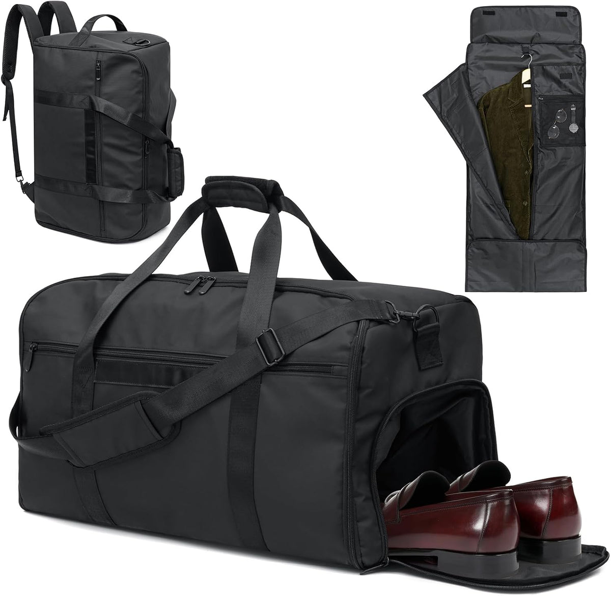 Garment Duffle Bags for Travel, 4 in 1 Convertible Garment Bags with Separated Suit Bag Shoe Compartment, Waterproof Carry On Luggage Bag Backpack for Short Trip, Weekender Bag for Men Women