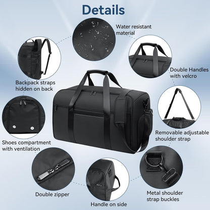 Garment Duffle Bags for Travel, 4 in 1 Convertible Garment Bags with Separated Suit Bag Shoe Compartment, Waterproof Carry On Luggage Bag Backpack for Short Trip, Weekender Bag for Men Women